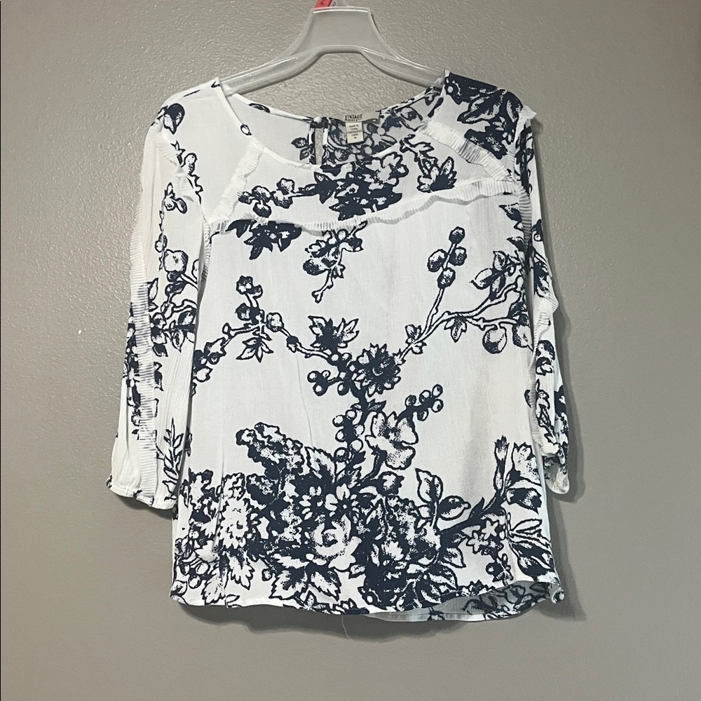Vintage America White and Black Floral Long Sleeve Top